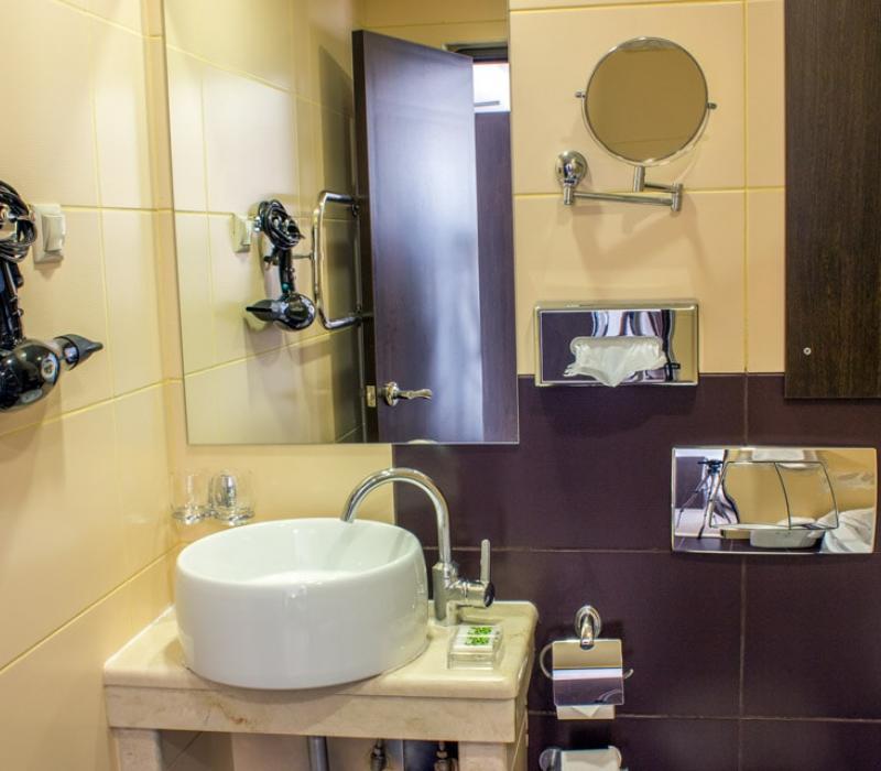 Оснащение ванной комнаты в 2 местном 1 комнатном Студия санатория Плаза СПА в Железноводске